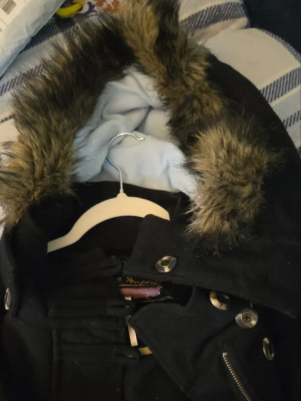 Free People Black Hooded Puffer Coat with Faux Fur Trim, 10 - Vintage